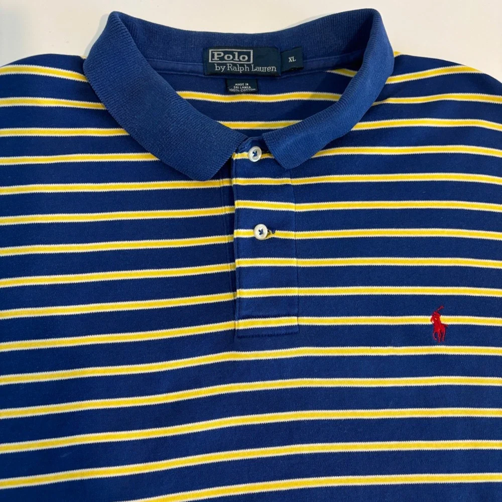 Polo Ralph Lauren Polo Shirt Mens XL Blue Yellow Striped Short Sleeve Pony Logo